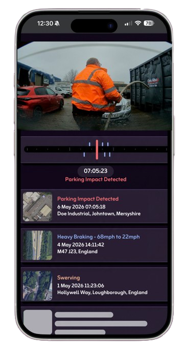 Driver App dashboard with live feed and event timeline