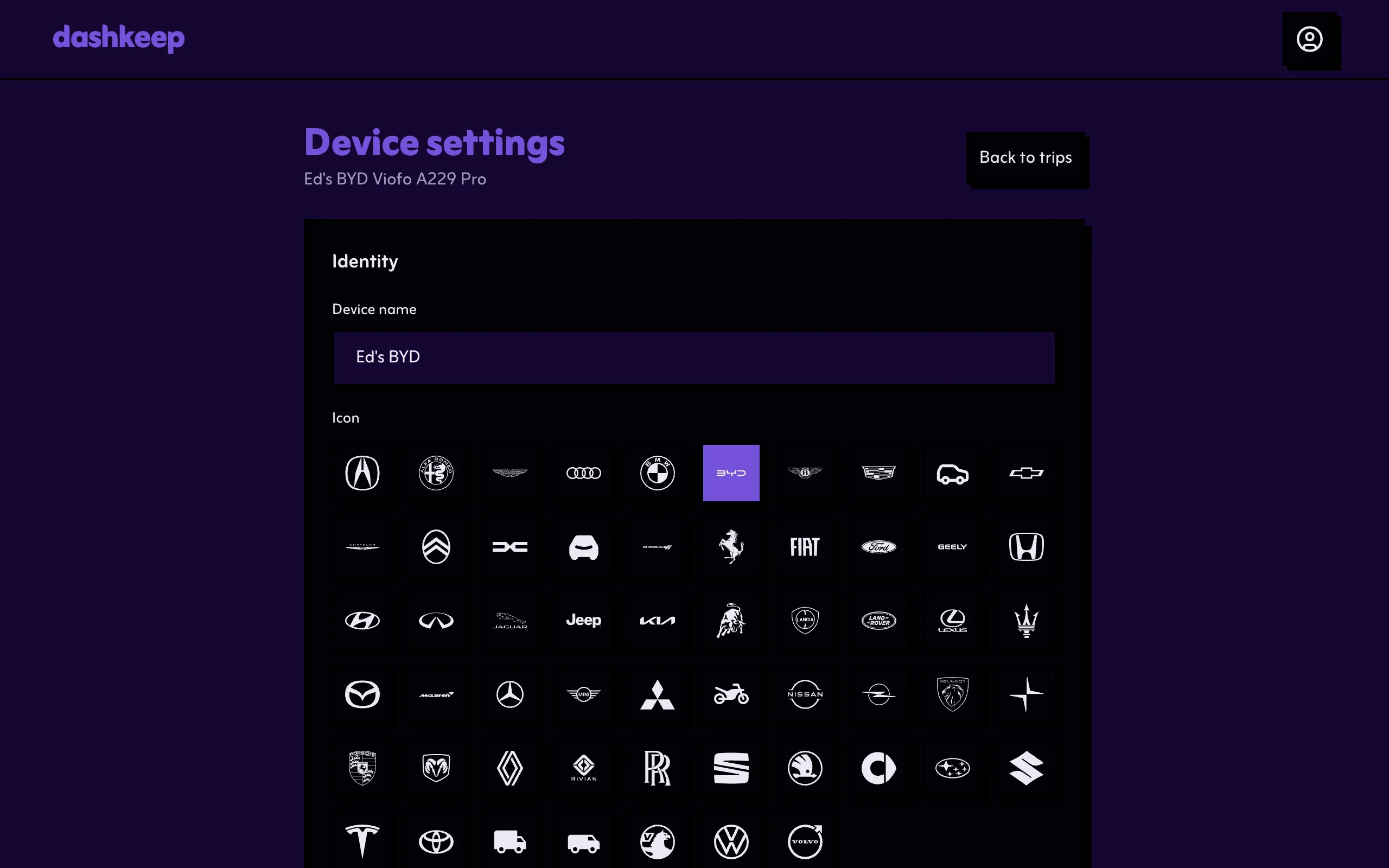 The device settings page