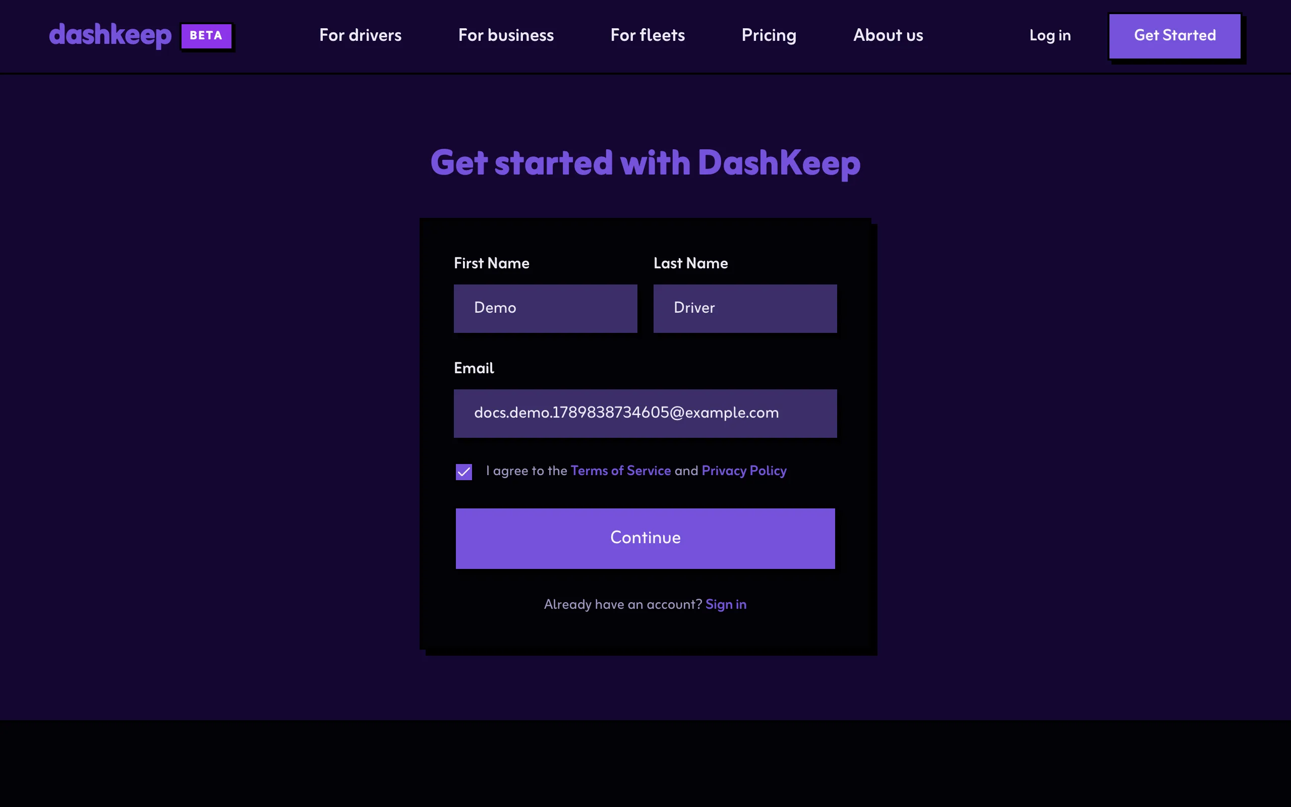 The sign-up form, filled in