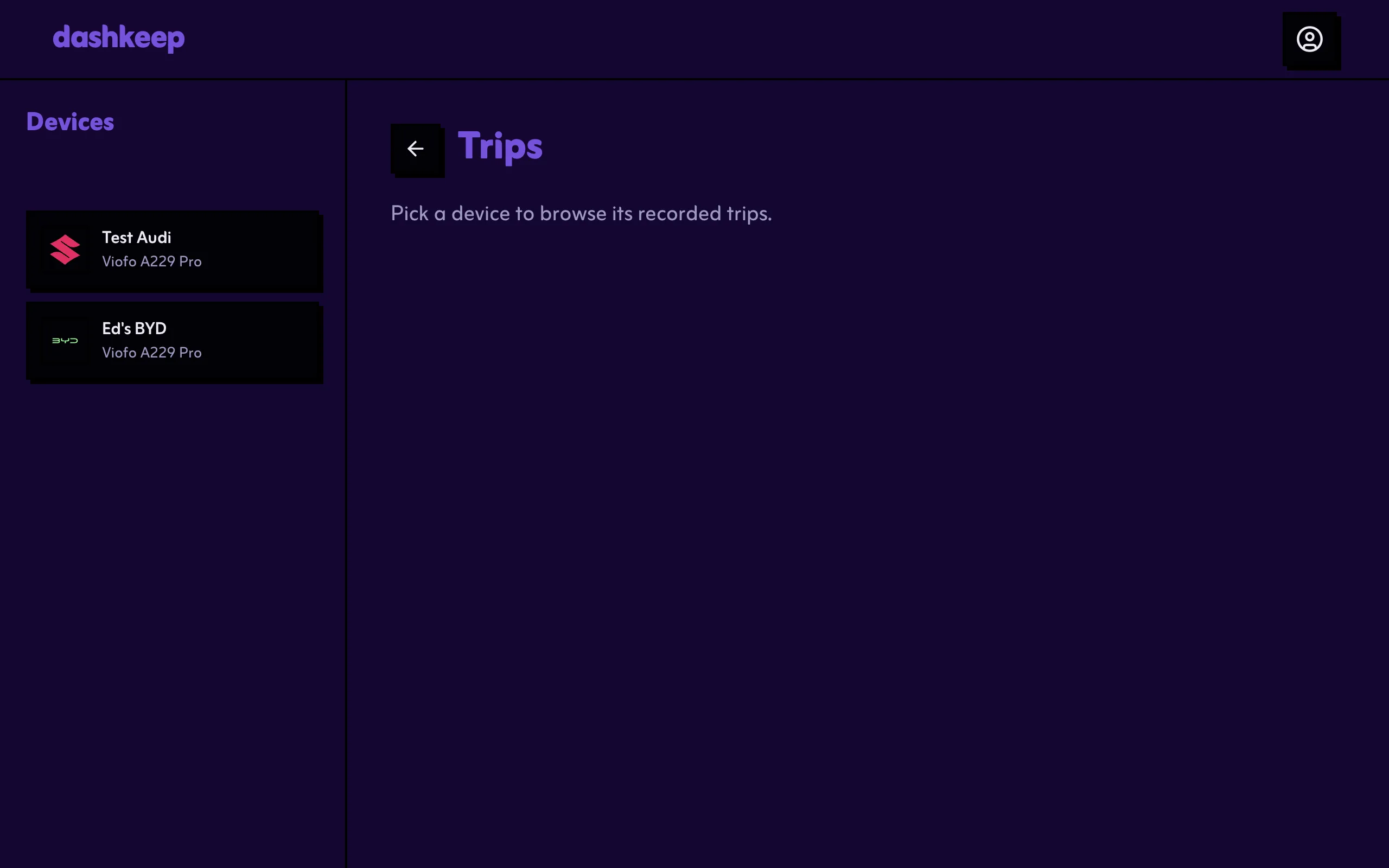 The trips page, picking a device