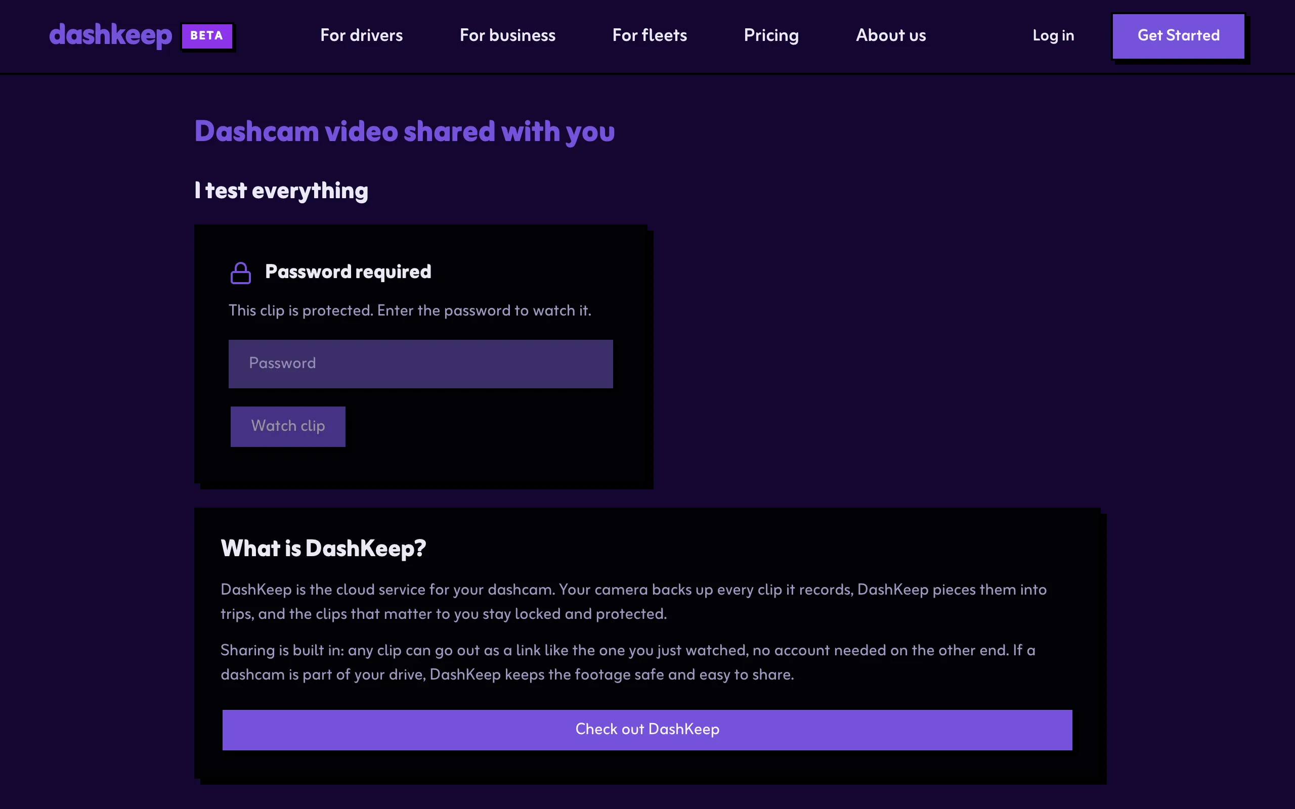 The public watch page for a shared clip