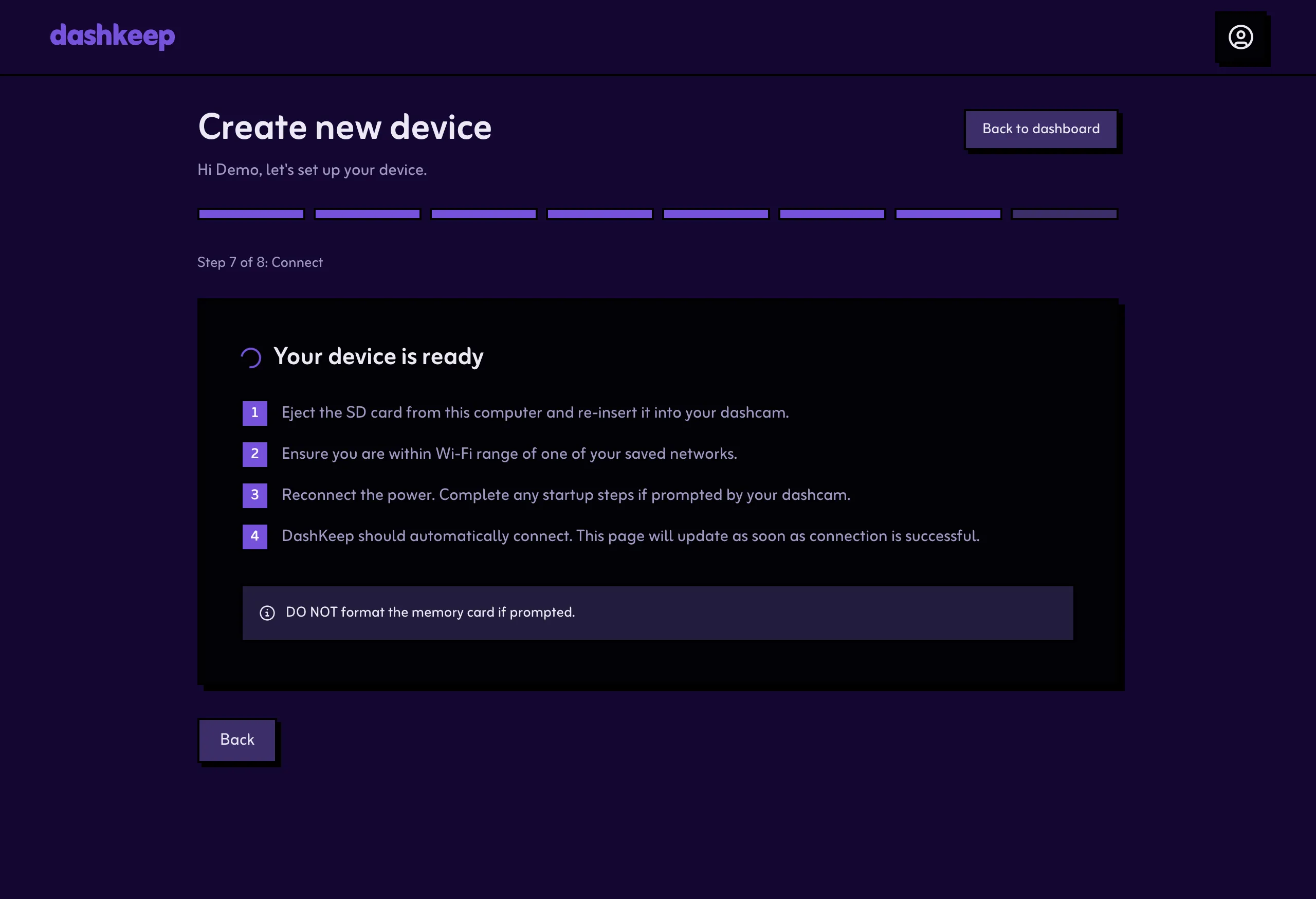 Step 7, waiting for the first connection