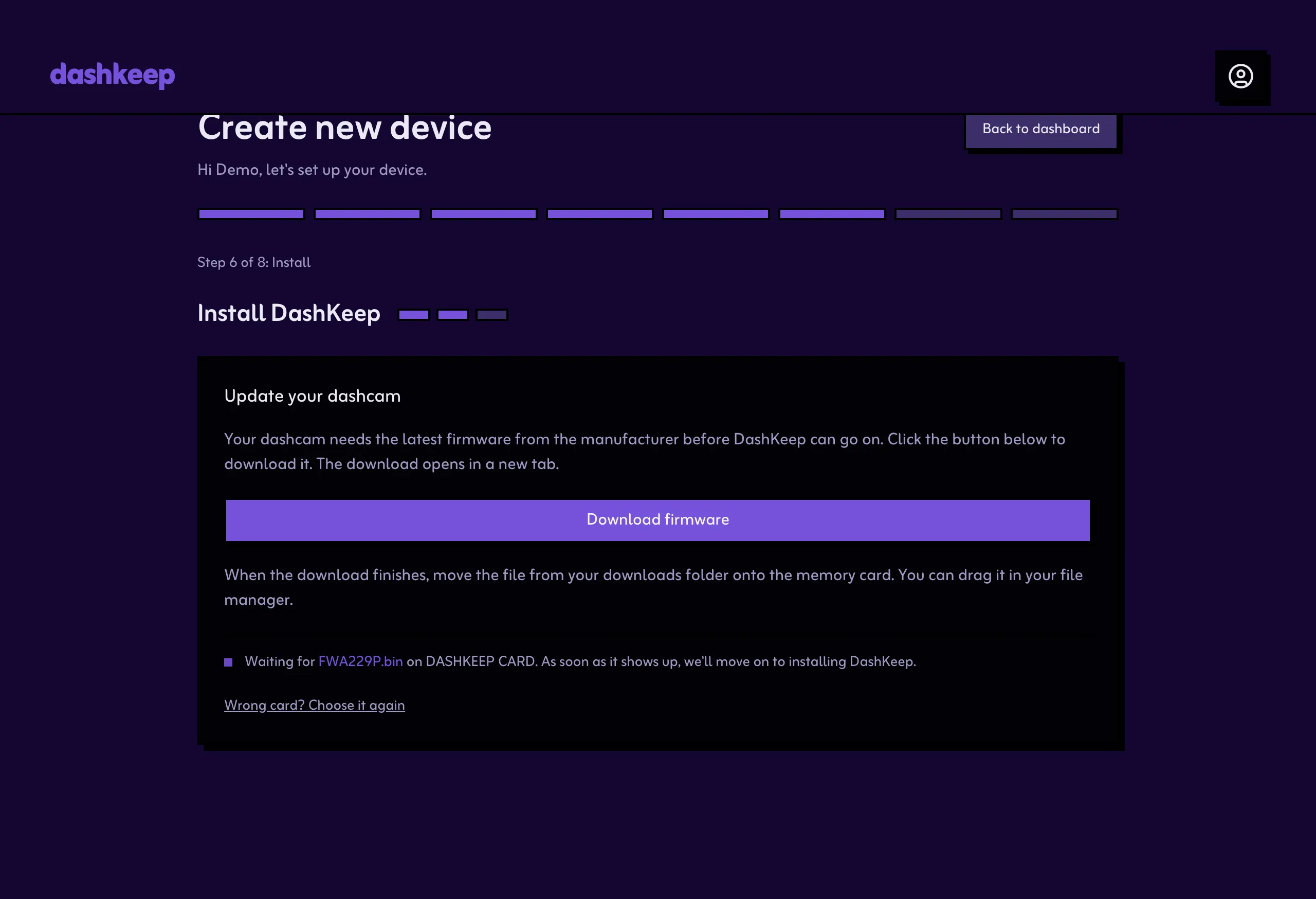 Step 6, stage 3: installing DashKeep to the card