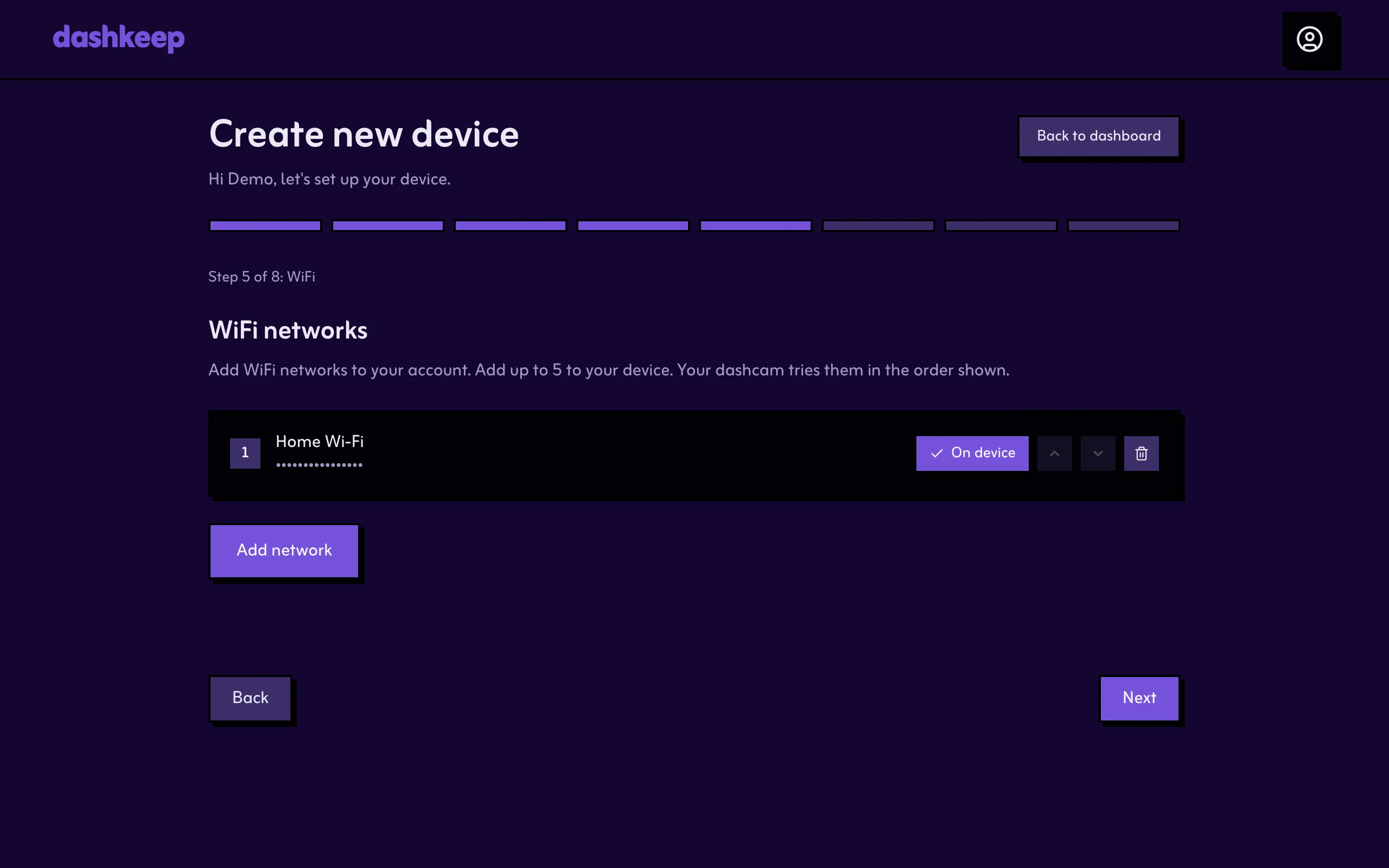 Step 5, the network added and selected for the device